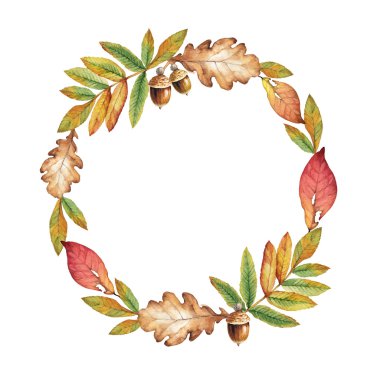 Bir çelenk ile turuncu yaprak suluboya çizimi