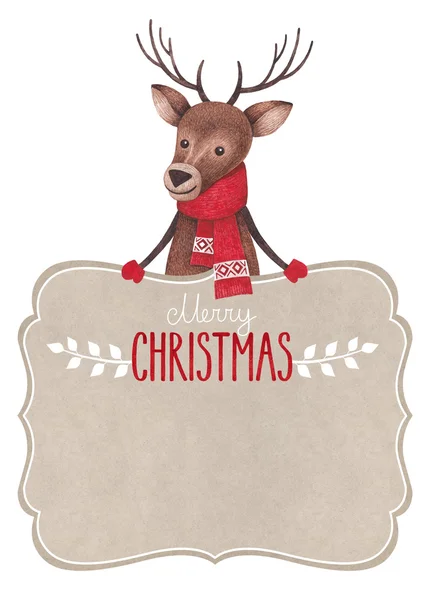 鹿の水彩イラスト。完璧なクリスマスの挨拶 — ストック写真