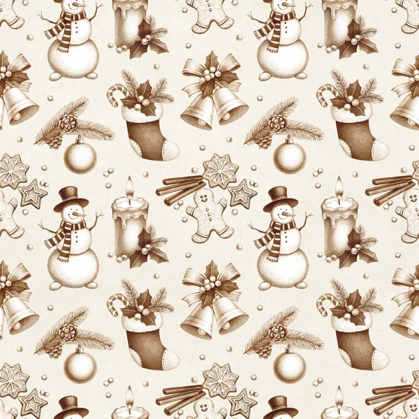 Pencil drawings of Christmas decorations. Seamless pattern — Stock Photo, Image