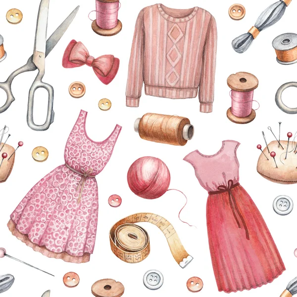 Pattern of sewing tools and dresses. — Stock Photo, Image