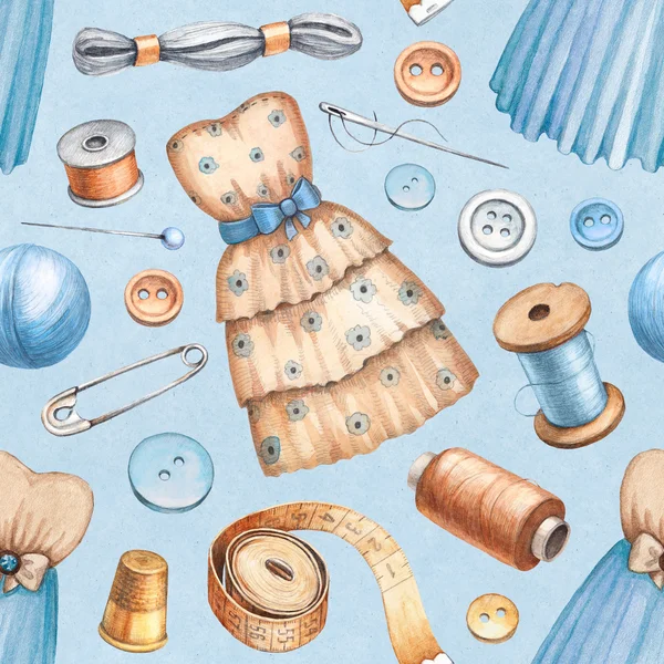 Pattern of sewing tools and dresses. — Stock Photo, Image