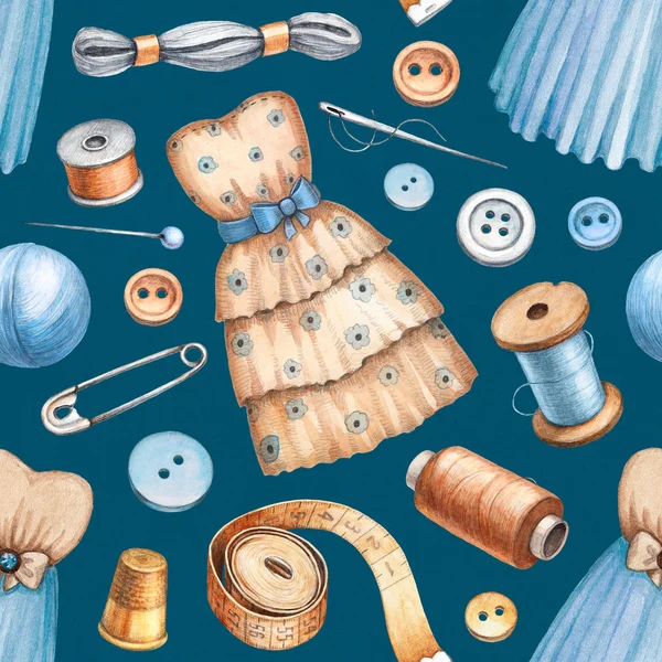 Illustrations d'outils et de robes à coudre. Modèle sans couture — Photo