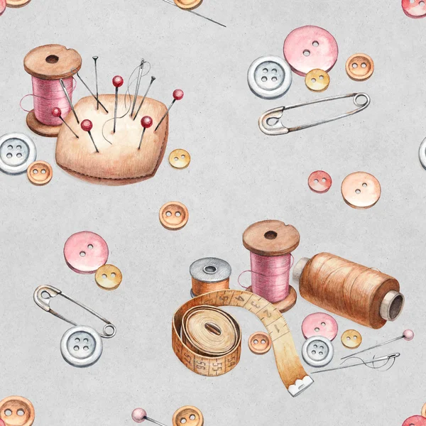 Seamless pattern with illustrations of sewing tools — Stock Photo, Image