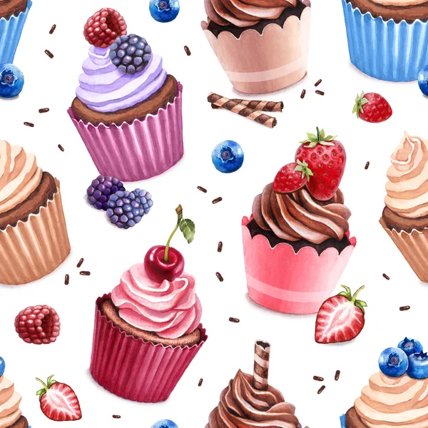 Hand dras cupcakes mönster — Stockfoto