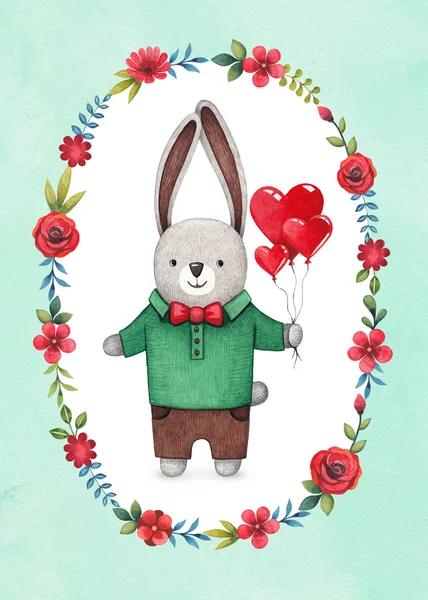 Carta coniglio carino acquerello — Foto Stock