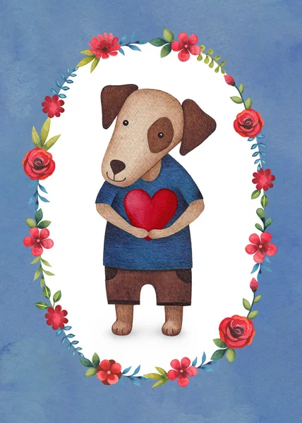 Akvarel roztomilý pes karta — Stock fotografie