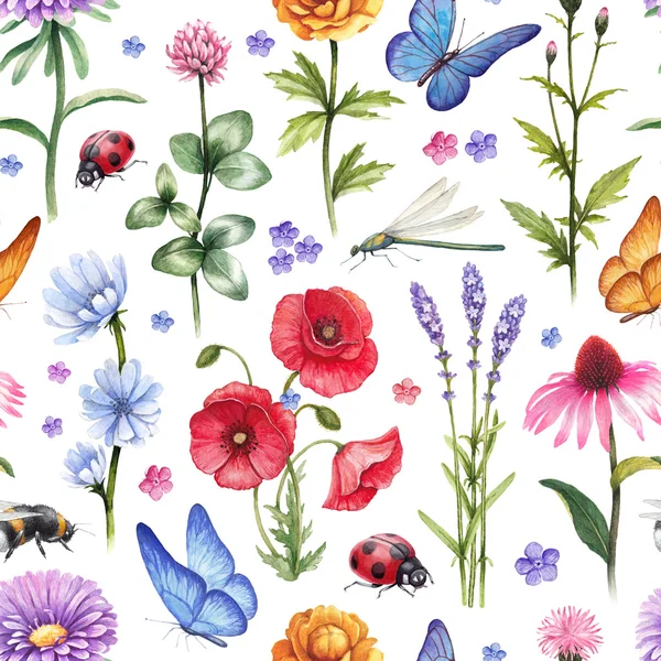 Wild flowers and insects pattern — Stock Photo, Image