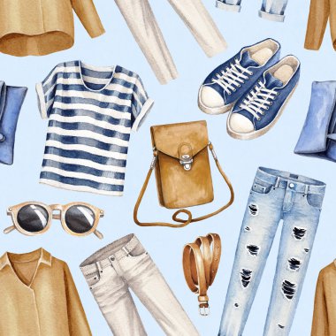 Suluboya moda illüstrasyon. Seamless modeli