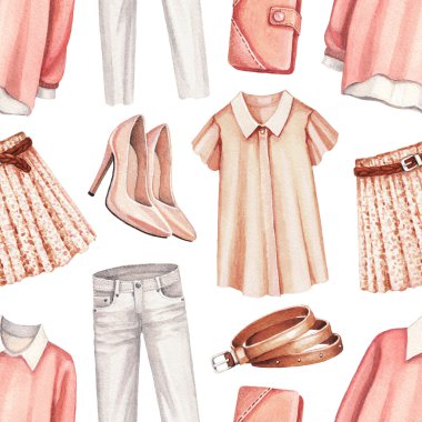 Suluboya moda illüstrasyon. Seamless modeli 