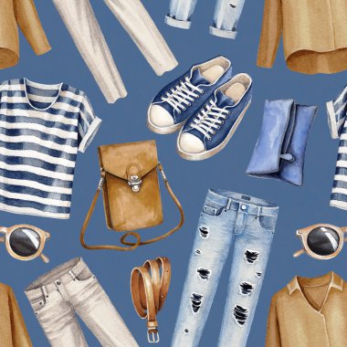 Suluboya moda illüstrasyon. Seamless modeli