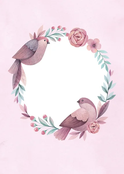 Suluboya kuşlar ve çiçekler kartı — Stok fotoğraf