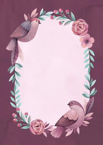 Ακουαρέλα κάρτα πουλιά και λουλούδια — Φωτογραφία Αρχείου