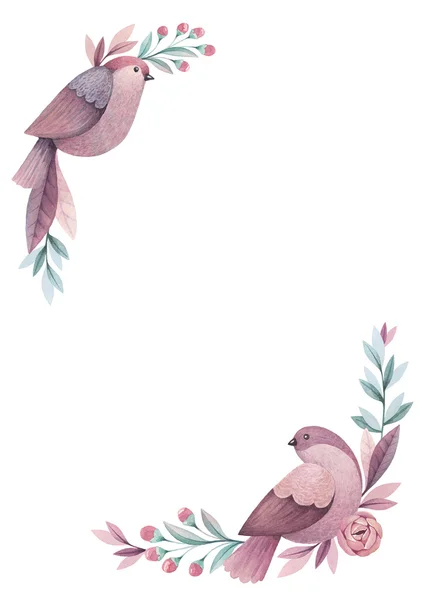 Akwarela karty ptaki i kwiaty — Zdjęcie stockowe