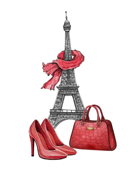 Eiffel Tower, shoes and a handbag — Stock Photo, Image