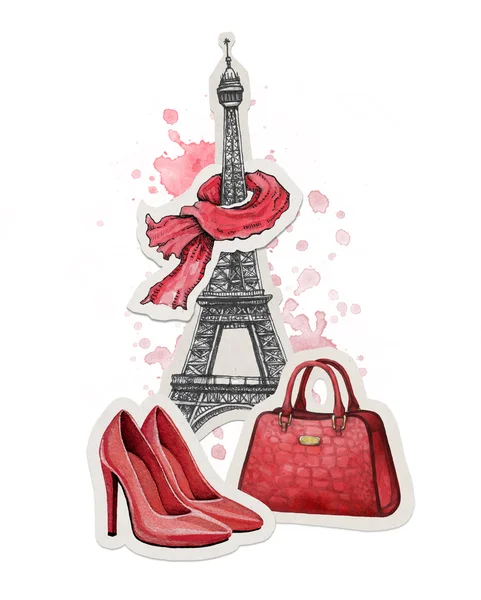 Hand drawn fashion illustration. Eiffel Tower, shoes and a handb — Stock Photo, Image