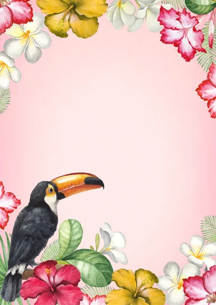 Background with watercolor tropical flowers and a bird — Stock Photo, Image