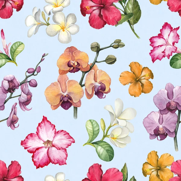 Akvarel tropických květinovým vzorem — Stock fotografie