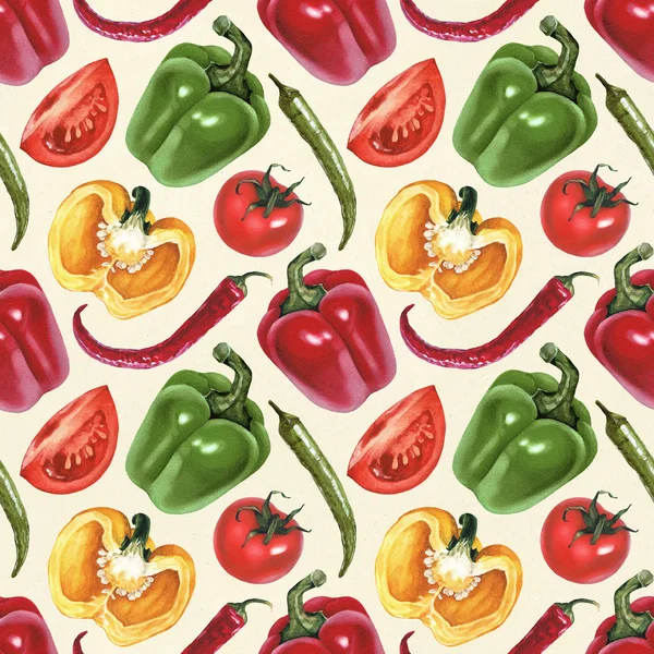 Pattern with watercolor tomatoes, paprika — Stock Photo, Image
