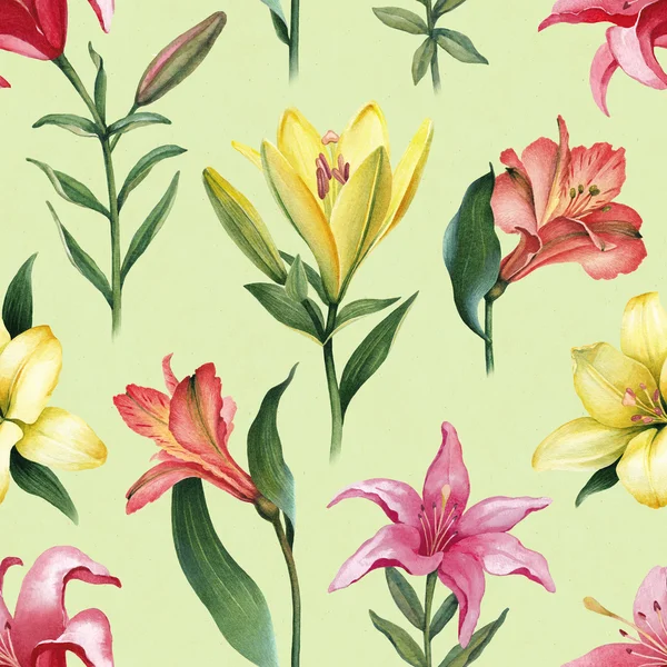 Aquarell-Illustrationen von Lilienblüten. nahtloses Muster — Stockfoto