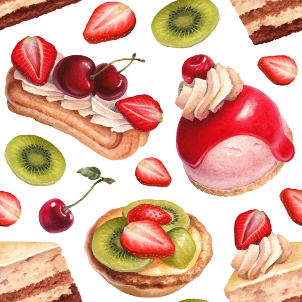 Watercolor illustration of cakes with fruits. — Stock Photo, Image