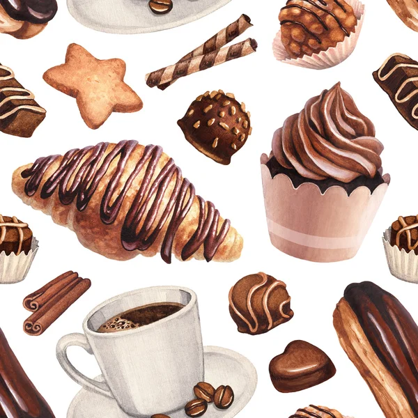 Aquarell-Illustration von Kaffee und Desserts. — Stockfoto