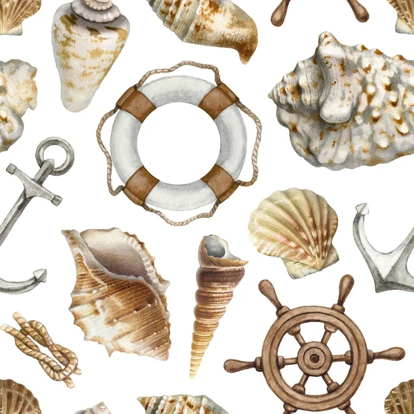 Patrón con ilustraciones de acuarela de conchas — Foto de Stock
