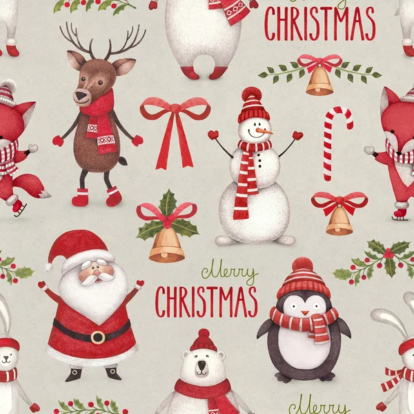 Watercolor christmas illustrations. Seamless pattern — Stock Photo, Image