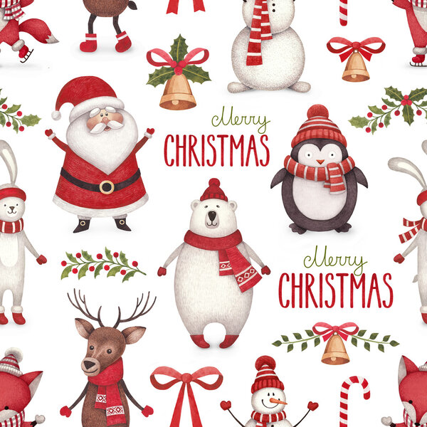 Watercolor christmas illustrations. Seamless pattern