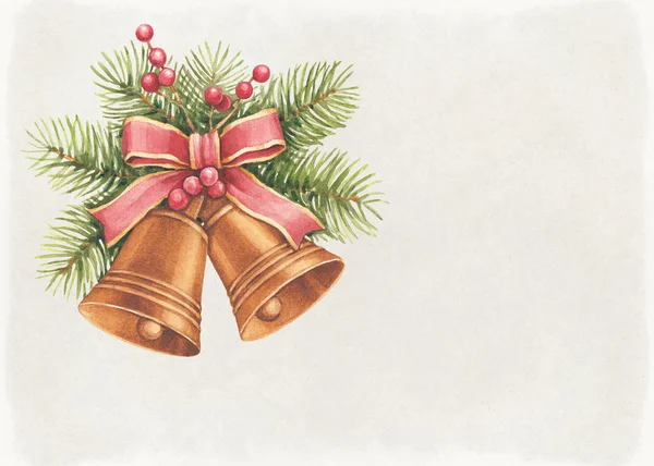 Ročník vánoční přání. Akvarel zvony a borovice s dekora — Stock fotografie