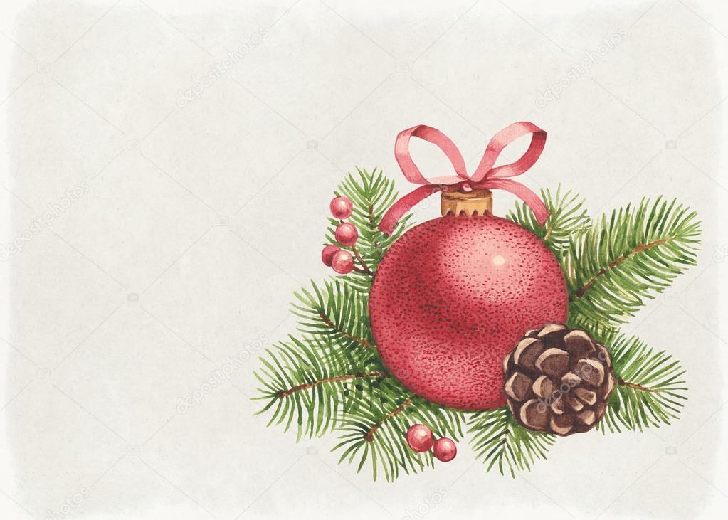 Vintage greeting card. Watercolor Christmas ball