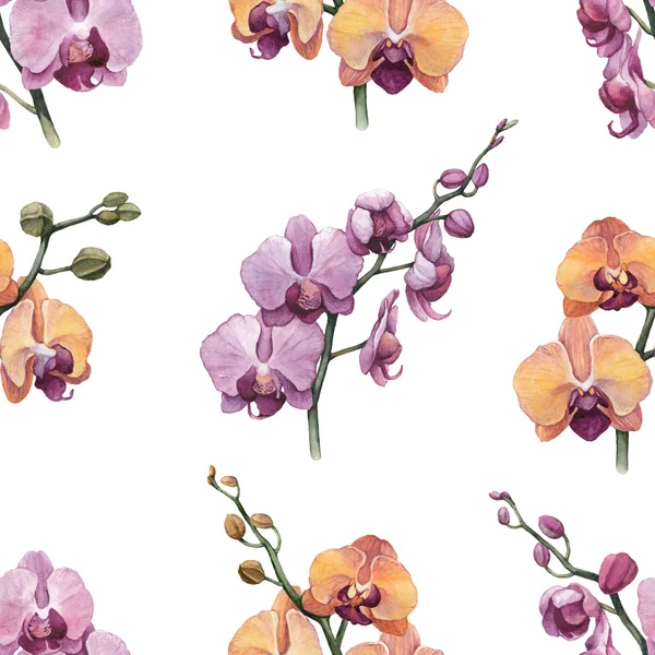 Watercolor orchid flowers pattern — Stock Photo, Image