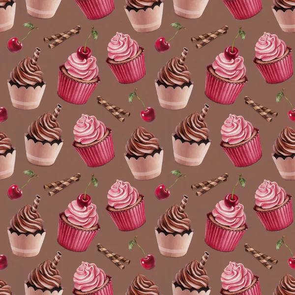 체리와 초콜릿 컵 케이크 패턴 — 스톡 사진