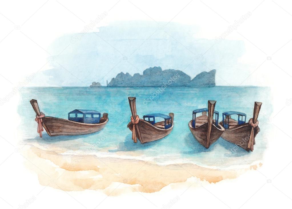 Watercolor boats on a beach