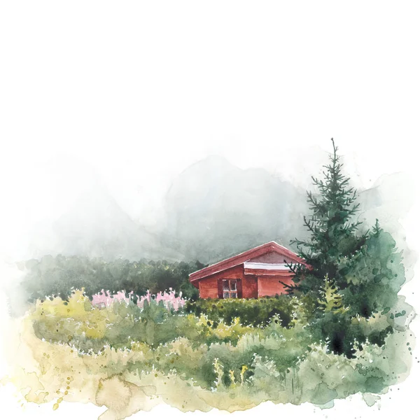 Watercolor house and mountains — Stock Photo, Image