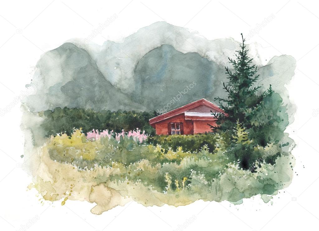 Watercolor house and mountains