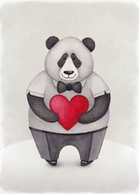 Panda suluboya çizimi. Sevgililer günü tebrik için mükemmel