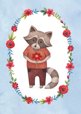 Şirin Rakun suluboya çizimi. Ca tebrik için mükemmel