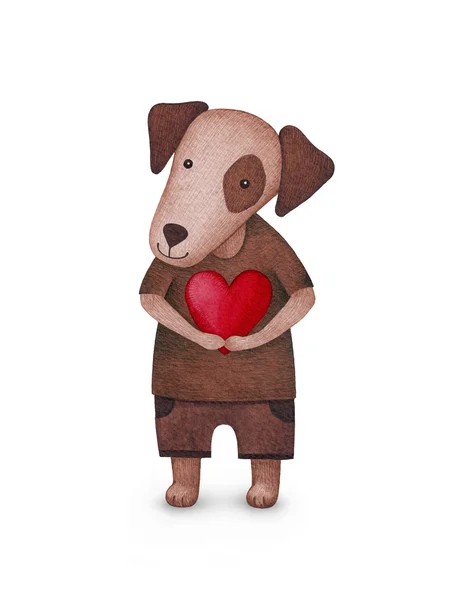 Akwarela ilustracja ładny pies. Idealny na Walentynki Pozdrawiam — Zdjęcie stockowe