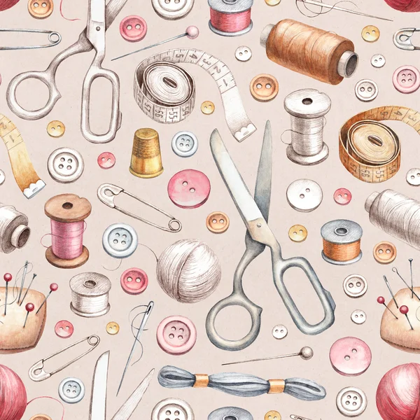 Seamless pattern with illustrations of sewing tools — Stock Photo, Image