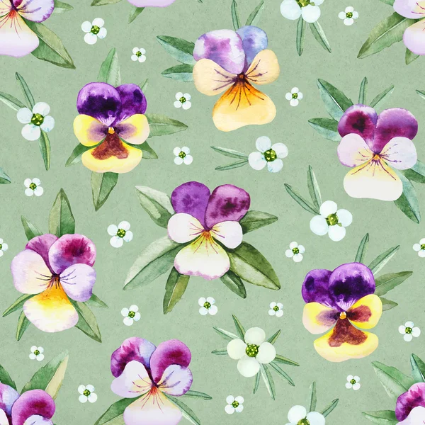 Patrón sin costuras con ilustraciones de acuarela de flores de pansy —  Fotos de Stock