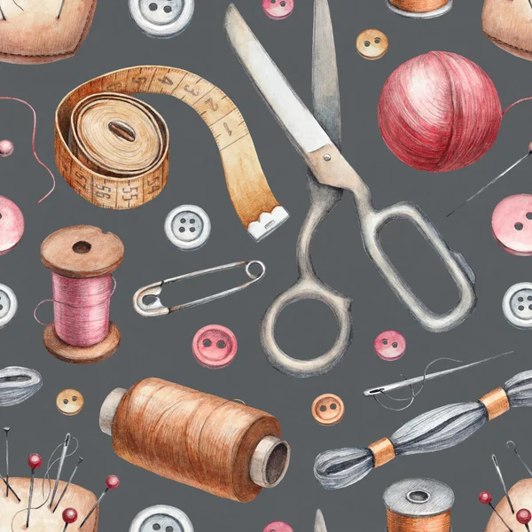 Бесшовный рисунок с иллюстрациями швейных инструментов — стоковое фото