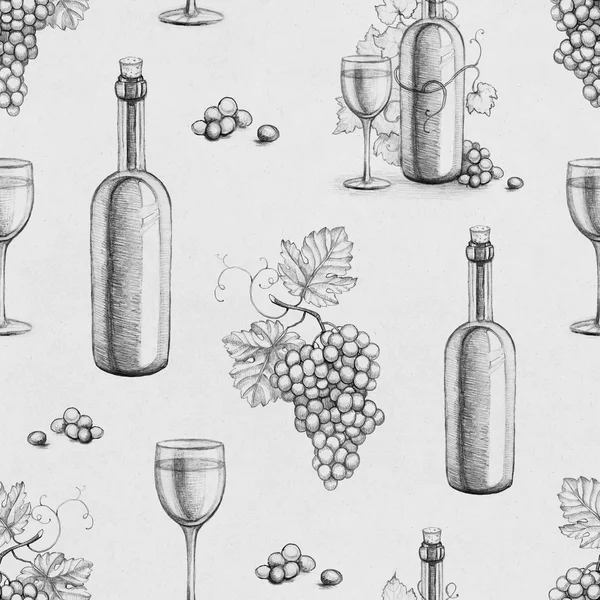 Modello senza cuciture con disegni a matita di bottiglia di vino e uva — Foto Stock