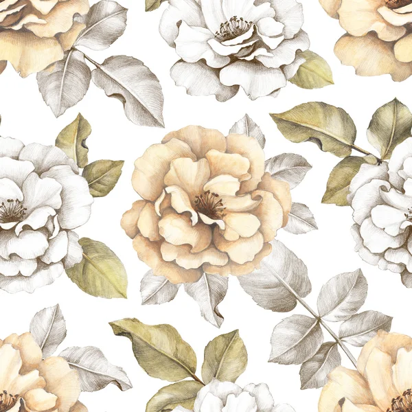 Nahtloses Muster mit Bleistiftzeichnungen von Blumen — Stockfoto