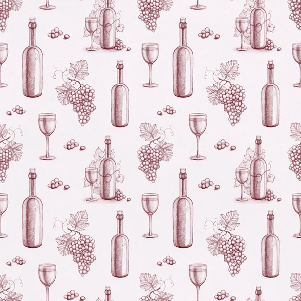 Seamless pattern with pencil drawings of wine bottle and grape — Stock Photo, Image