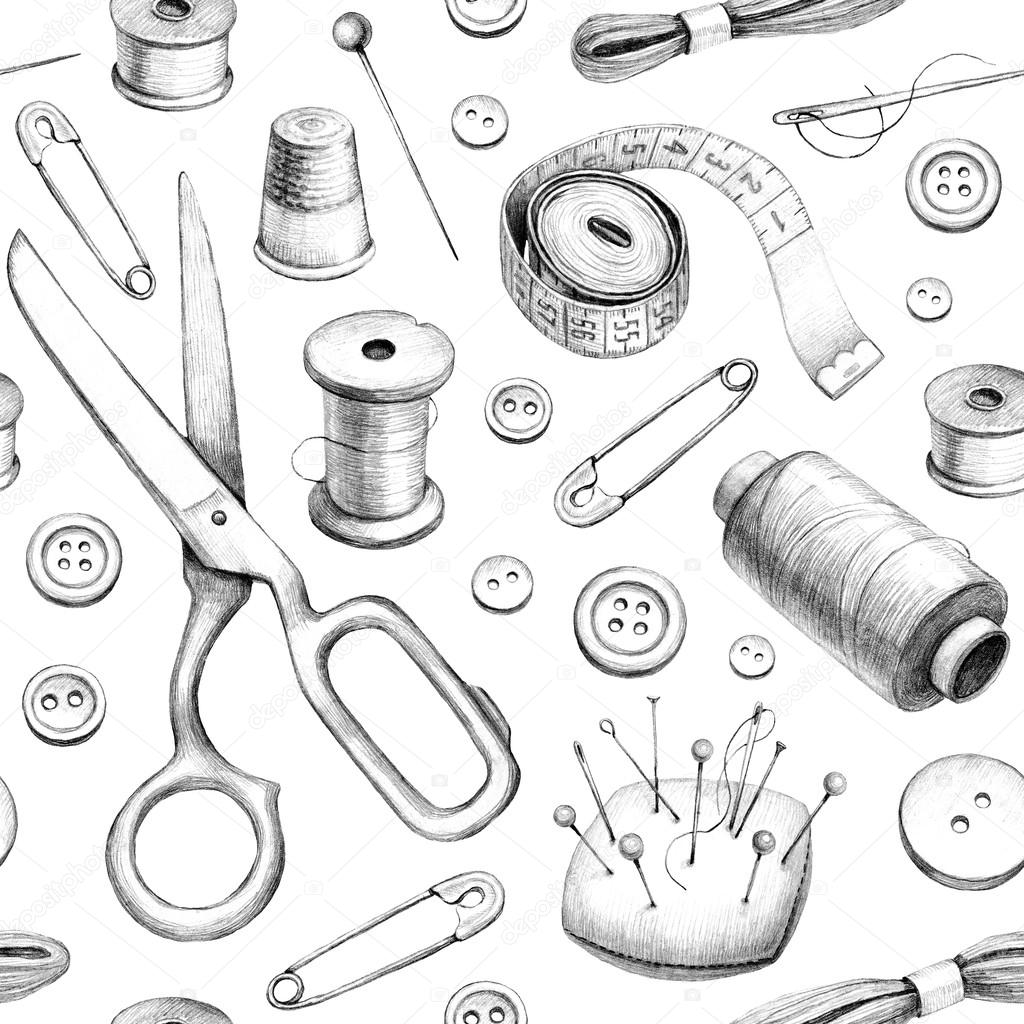 Seamless pattern with illustrations of sewing tools