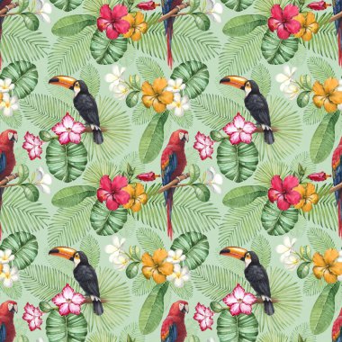 Suluboya toucan ve papağan. Seamless modeli