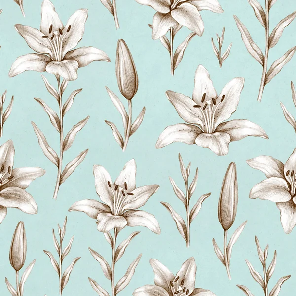 Seamless pattern with pencil drawings of lily flowers — Stock Photo, Image