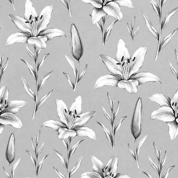 Seamless mönster med blyertsteckningar av lily blommor — Stockfoto
