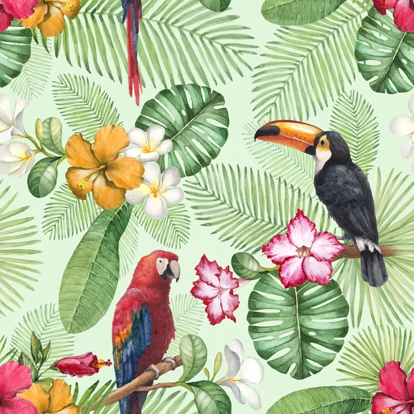 Aquarel toucan en papegaai. Naadloze patroon — Stockfoto