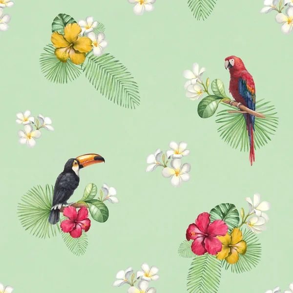 Watercolor toucan and parrot. Seamless pattern